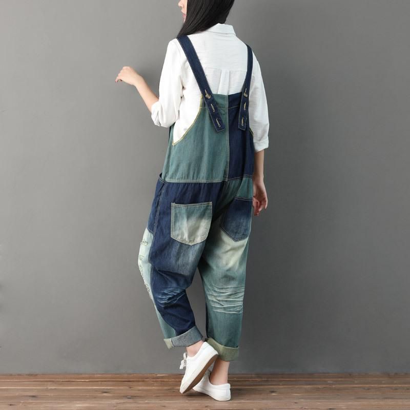 Efterår Ripped Patchwork Løs Casual Bomuld Denim Jumpsuit