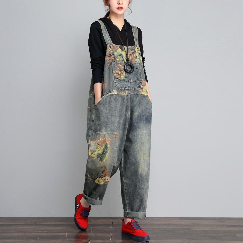 Efterår Vinter Denim Løs Retro Print Tynd Jumpsuit