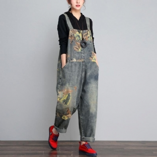 Efterår Vinter Denim Løs Retro Print Tynd Jumpsuit