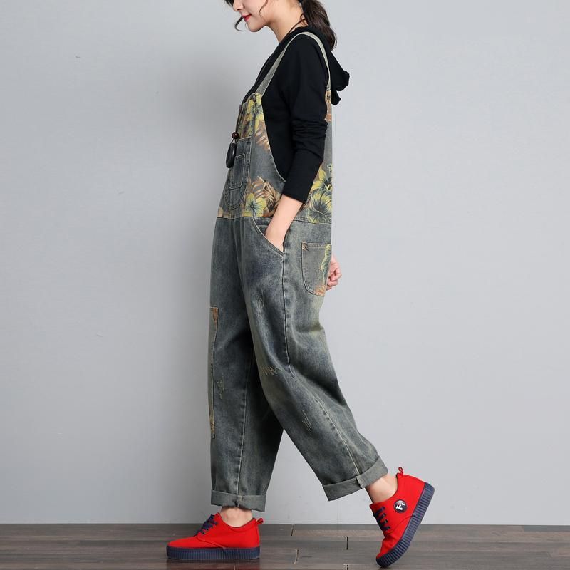 Efterår Vinter Denim Løs Retro Print Tynd Jumpsuit