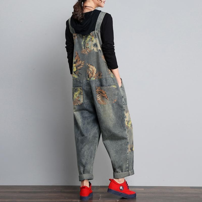 Efterår Vinter Denim Løs Retro Print Tynd Jumpsuit