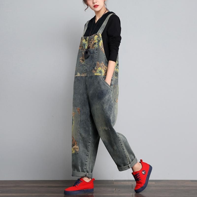 Efterår Vinter Denim Løs Retro Print Tynd Jumpsuit