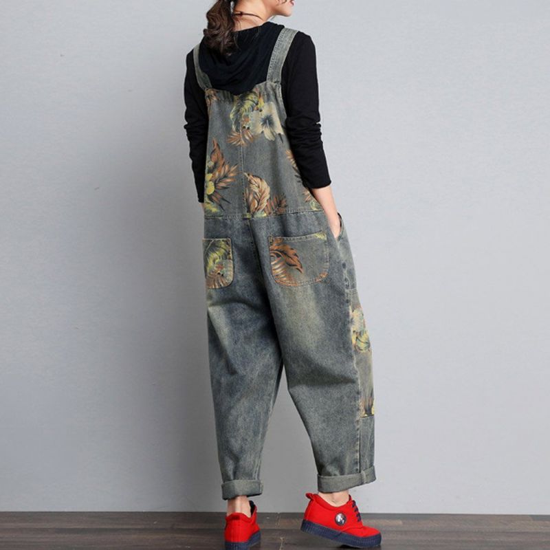 Efterår Vinter Denim Løs Retro Print Tynd Jumpsuit