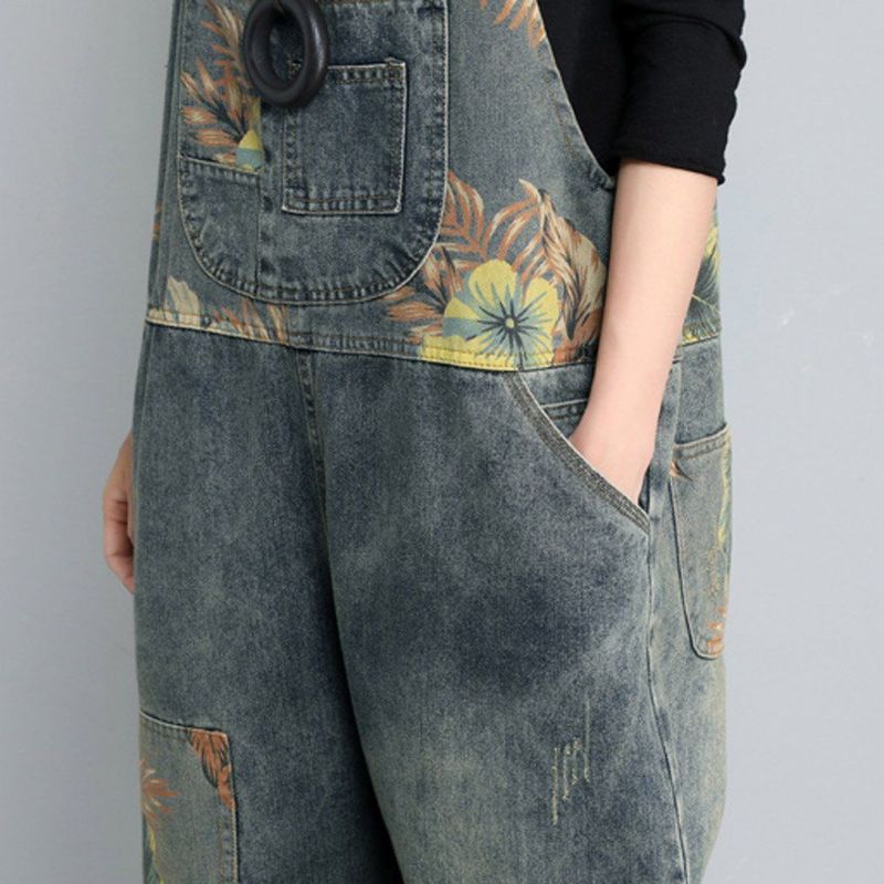 Efterår Vinter Denim Løs Retro Print Tynd Jumpsuit