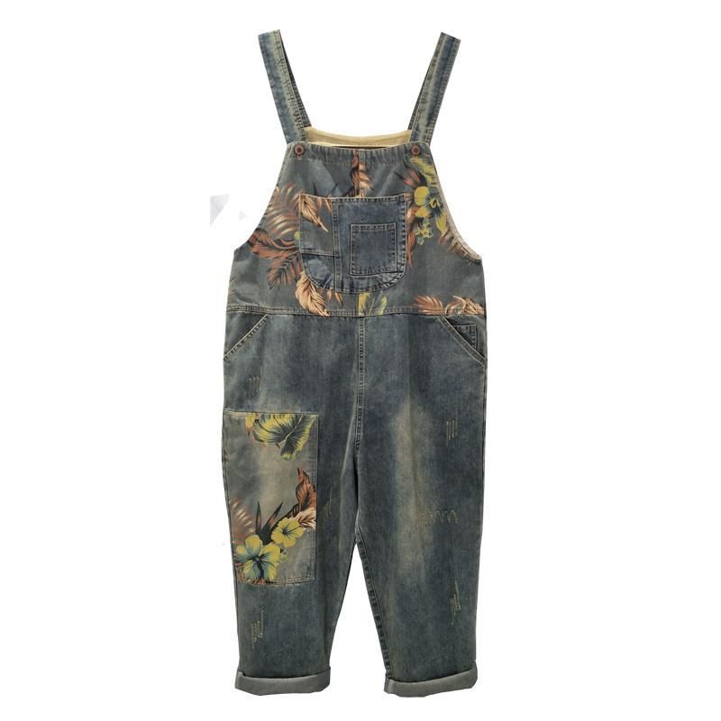 Efterår Vinter Denim Løs Retro Print Tynd Jumpsuit