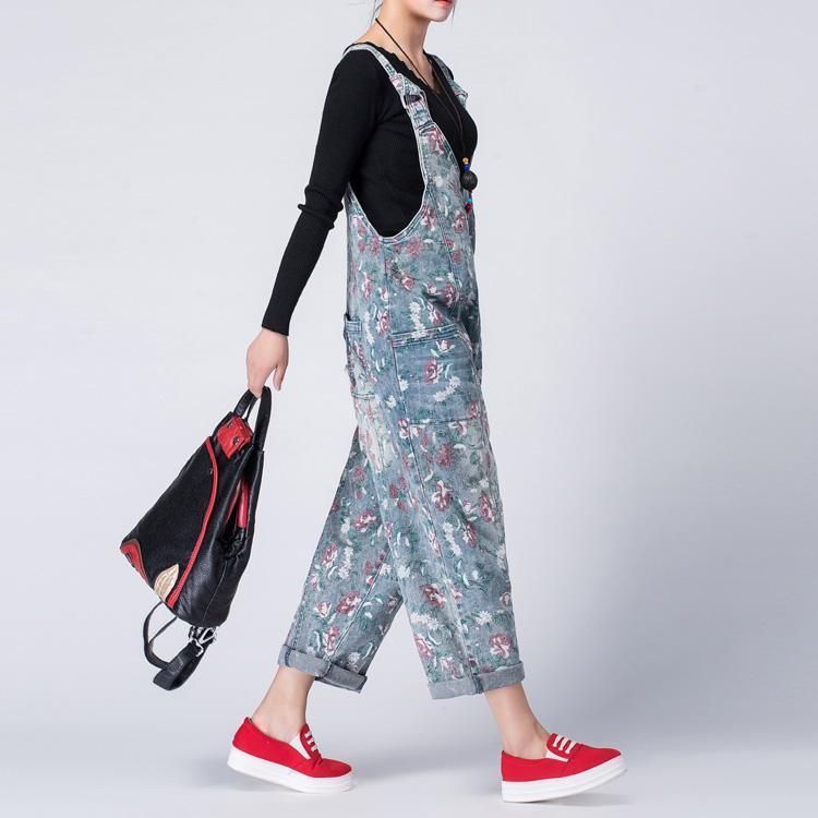 Floral Denim Løs Casual Jumpsuit