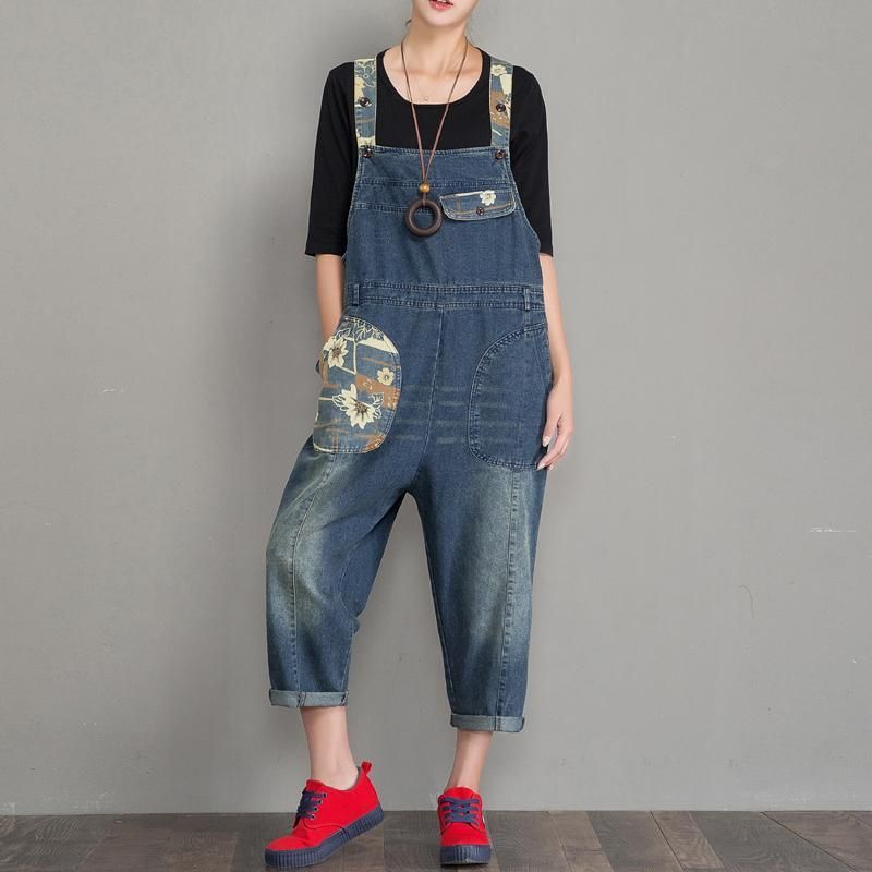 Forår Efterår Denim Løs Retro Patch Jumpsuit