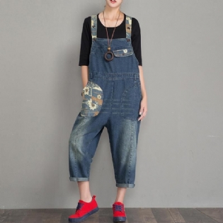 Forår Efterår Denim Løs Retro Patch Jumpsuit