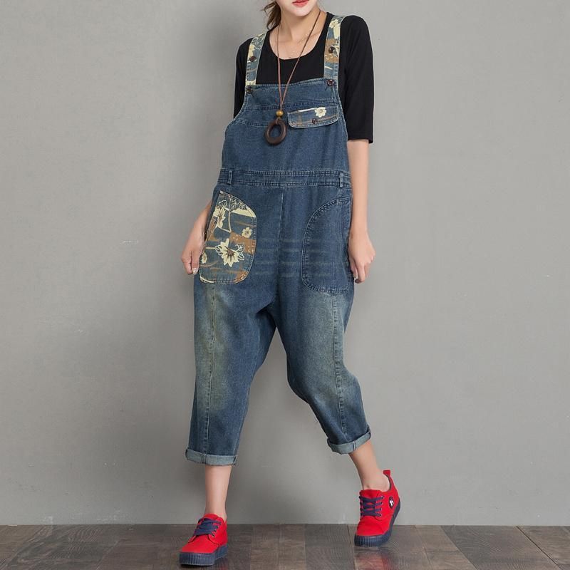 Forår Efterår Denim Løs Retro Patch Jumpsuit