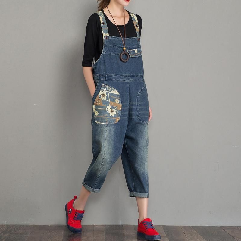 Forår Efterår Denim Løs Retro Patch Jumpsuit