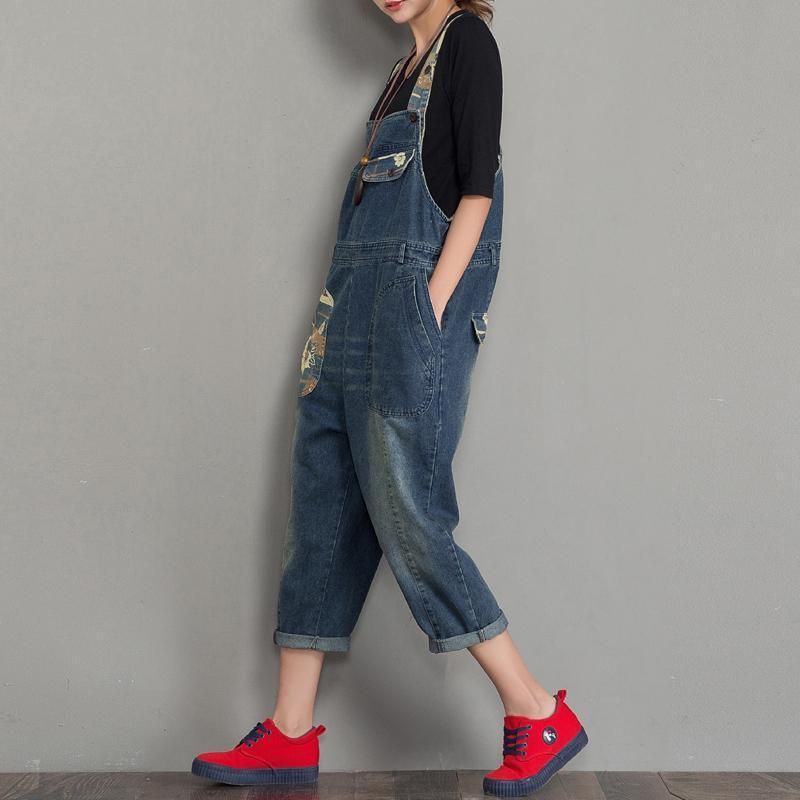 Forår Efterår Denim Løs Retro Patch Jumpsuit