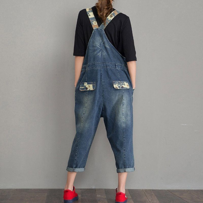 Forår Efterår Denim Løs Retro Patch Jumpsuit