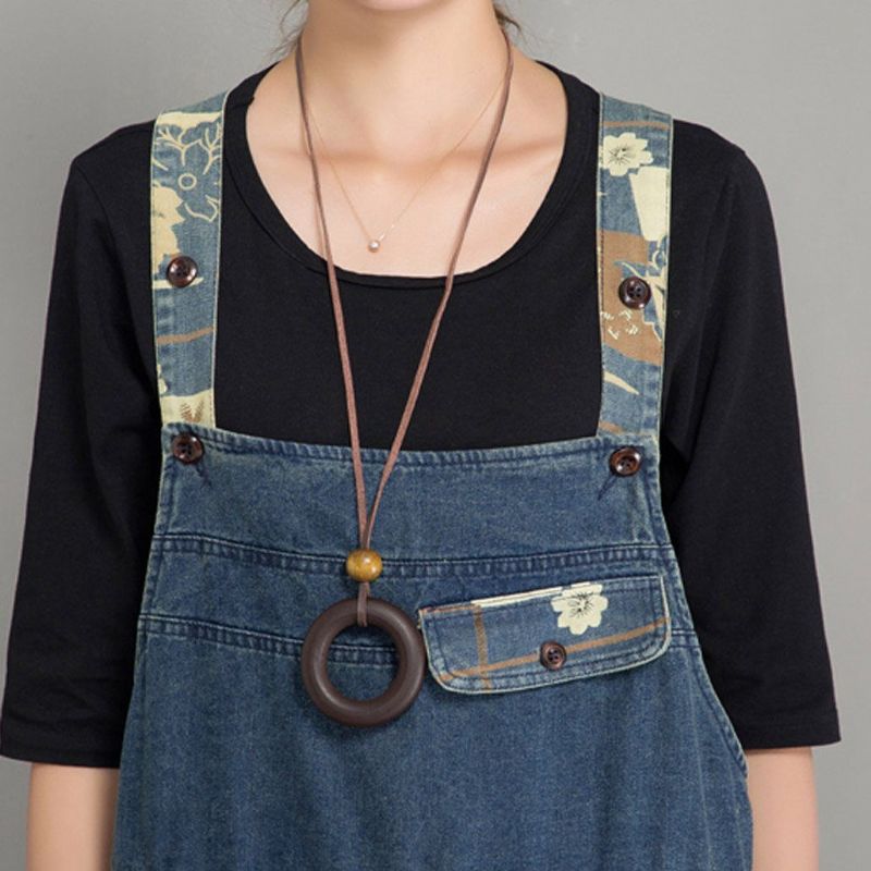 Forår Efterår Denim Løs Retro Patch Jumpsuit