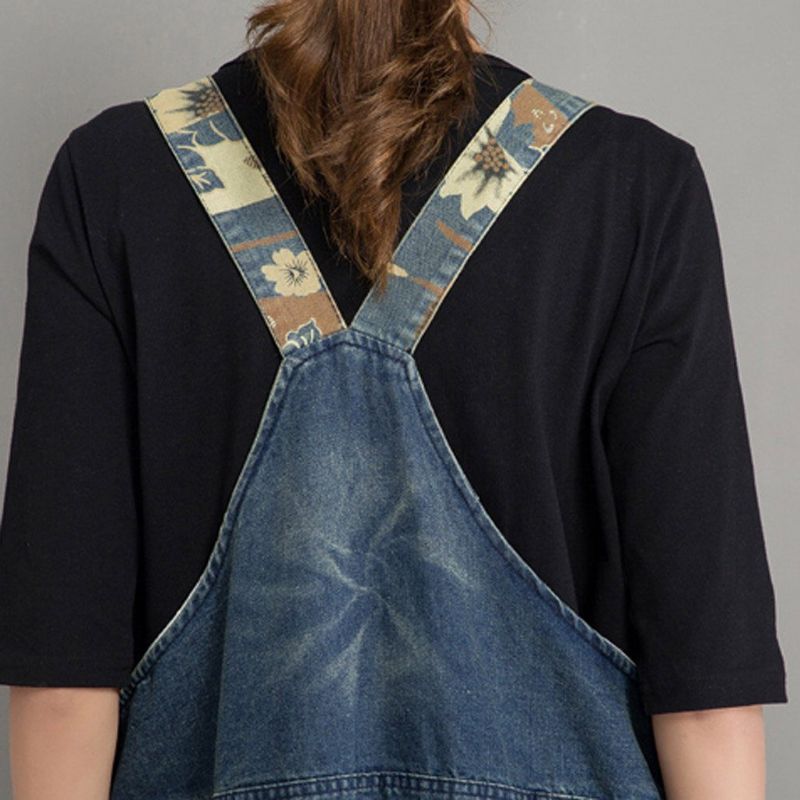 Forår Efterår Denim Løs Retro Patch Jumpsuit