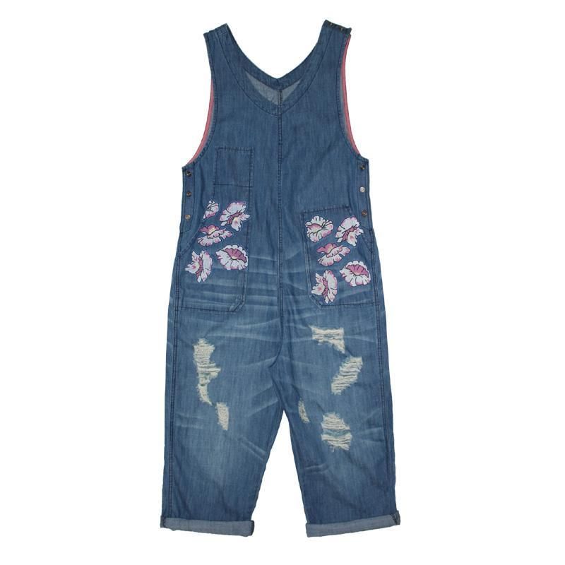 Forår Efterår Denim Løst Udskrivning Ærmeløs Jumpsuit