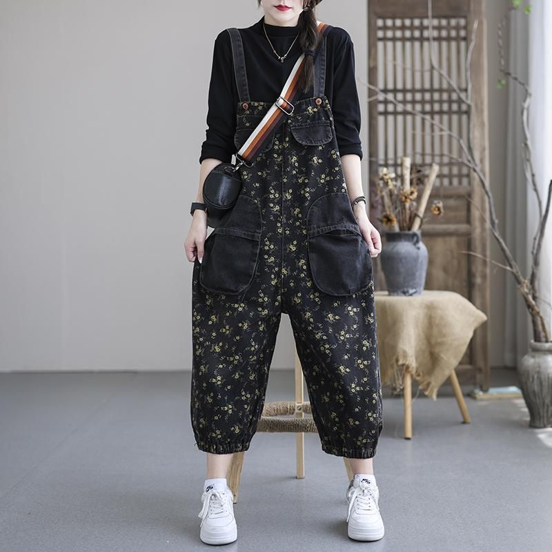 Forår Efterår Plus Størrelse Casual Floral Bomuld Denim Jumpsuit