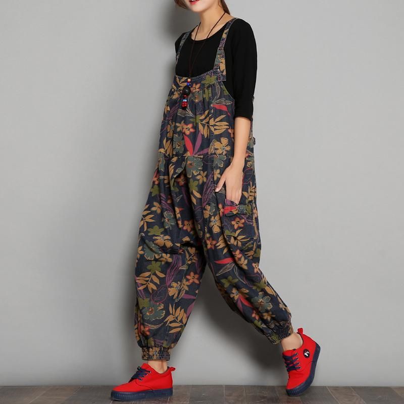 Forår Efterår Printet Denim Floral Casual Jumpsuits