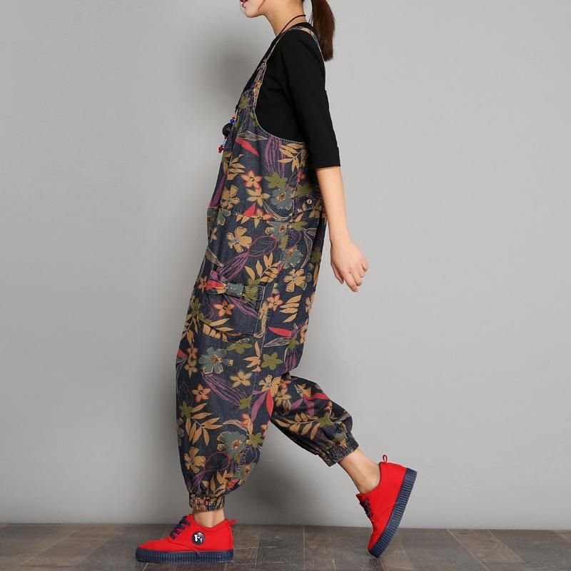 Forår Efterår Printet Denim Floral Casual Jumpsuits