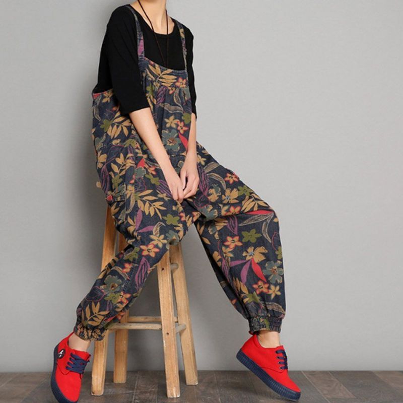 Forår Efterår Printet Denim Floral Casual Jumpsuits