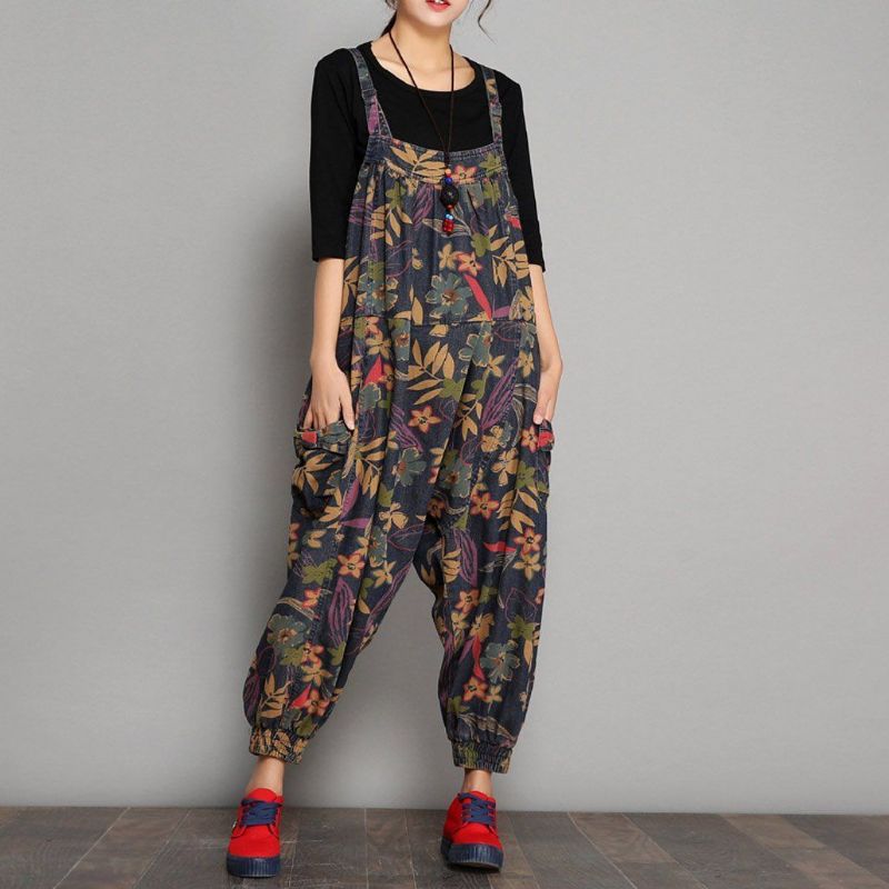 Forår Efterår Printet Denim Floral Casual Jumpsuits