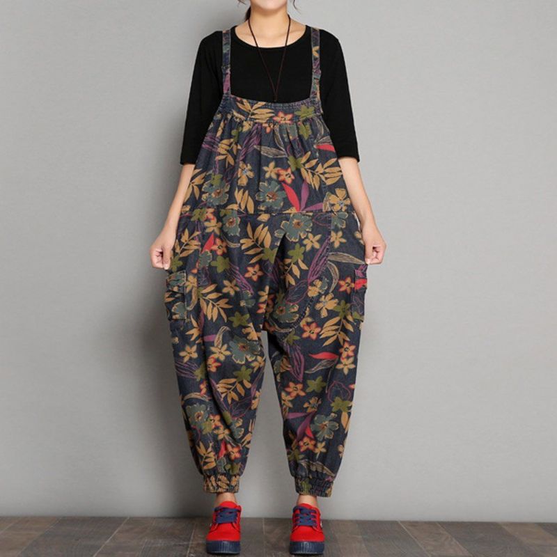 Forår Efterår Printet Denim Floral Casual Jumpsuits