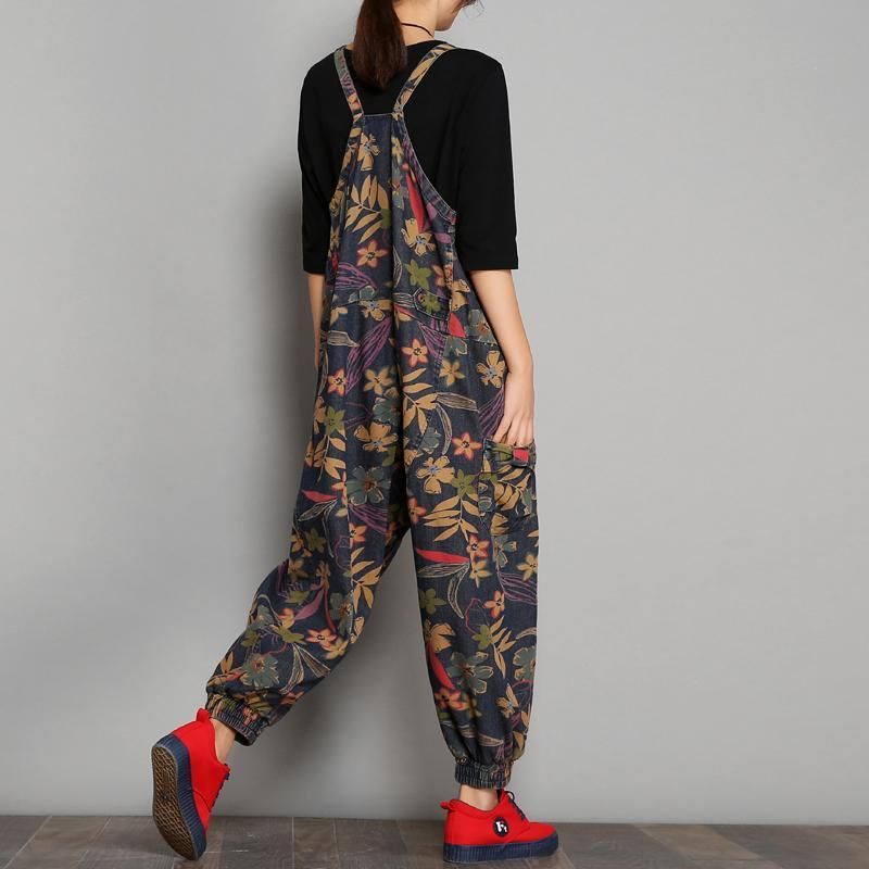 Forår Efterår Printet Denim Floral Casual Jumpsuits