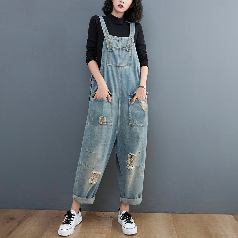 Forår Kvinder Retro Løs Patchwork Ripped Denim Jumpsuit