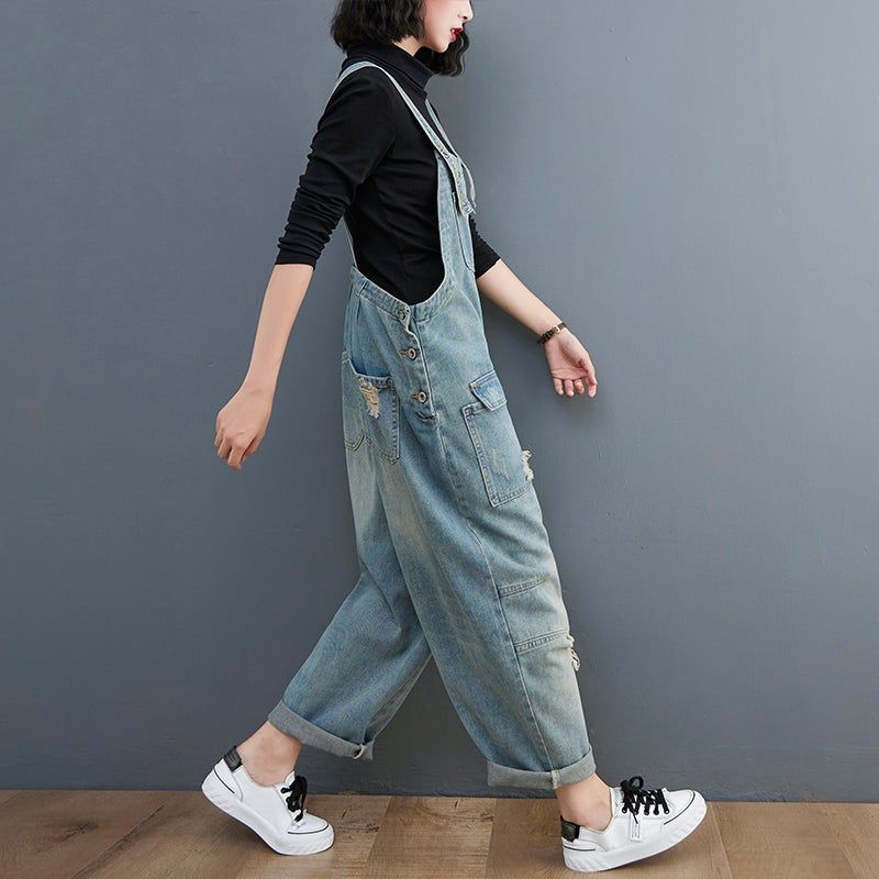 Forår Kvinder Retro Løs Patchwork Ripped Denim Jumpsuit