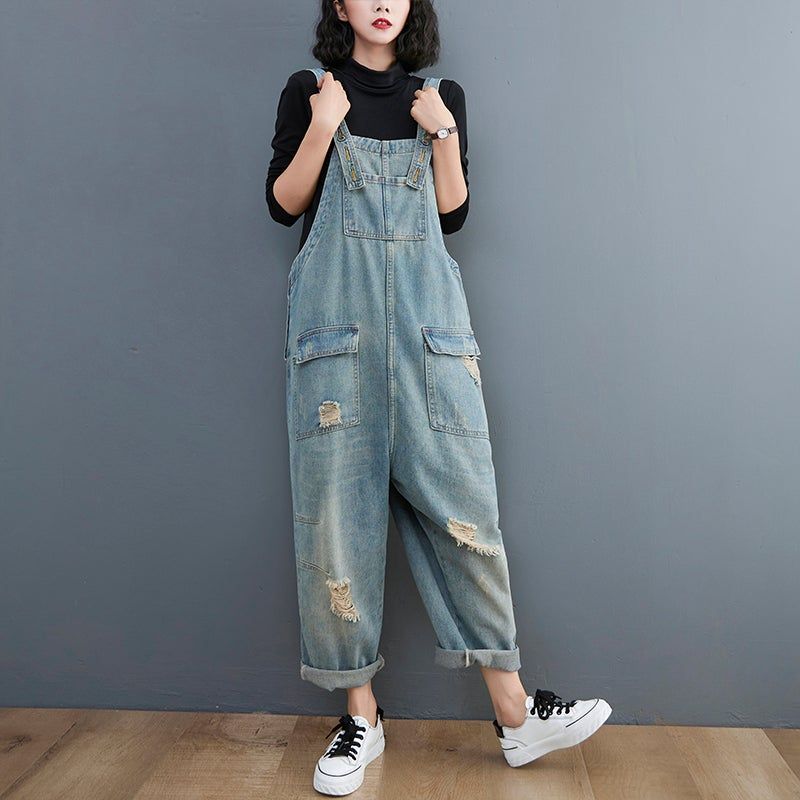 Forår Kvinder Retro Løs Patchwork Ripped Denim Jumpsuit