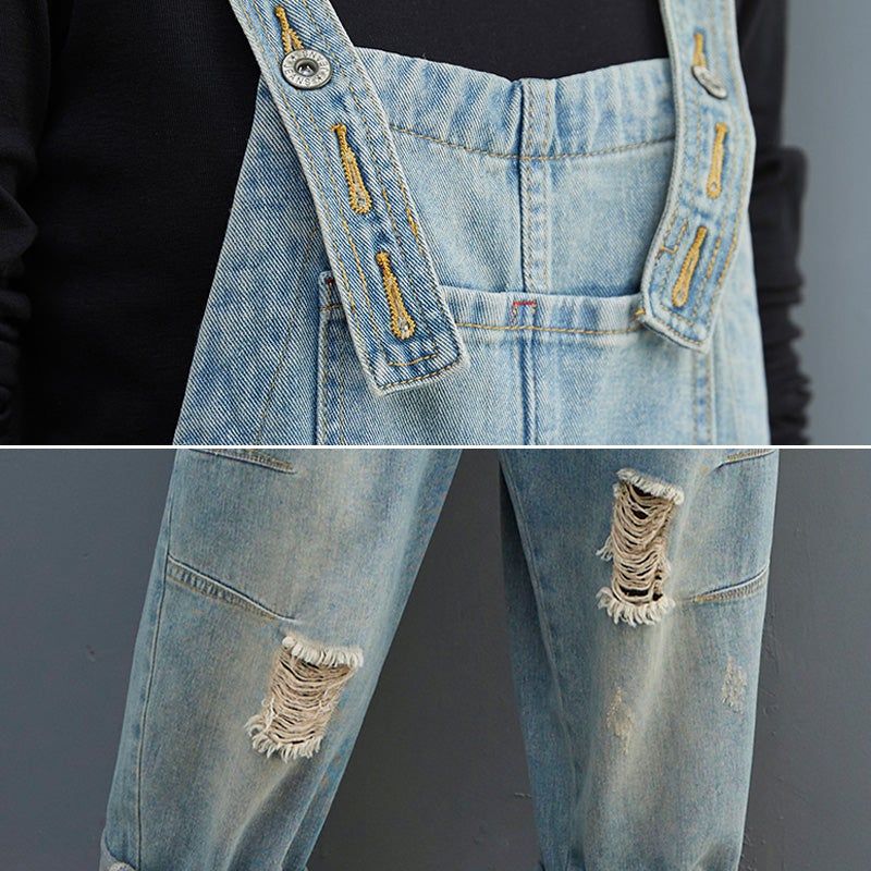 Forår Kvinder Retro Løs Patchwork Ripped Denim Jumpsuit