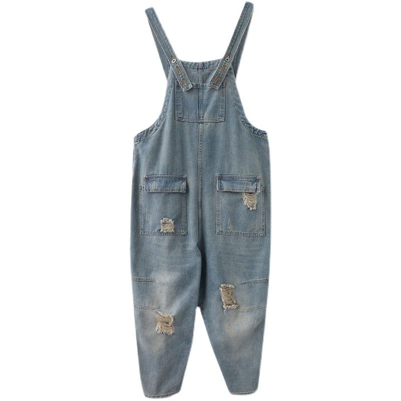 Forår Kvinder Retro Løs Patchwork Ripped Denim Jumpsuit