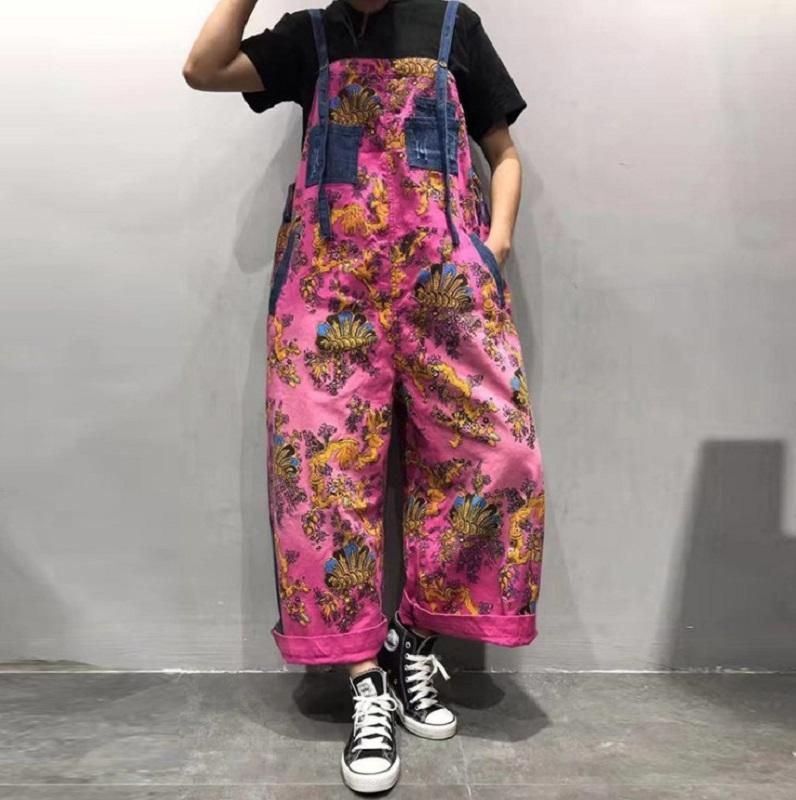 Forår Sommer Retro Loose Printed Floral Denim Jumpsuit