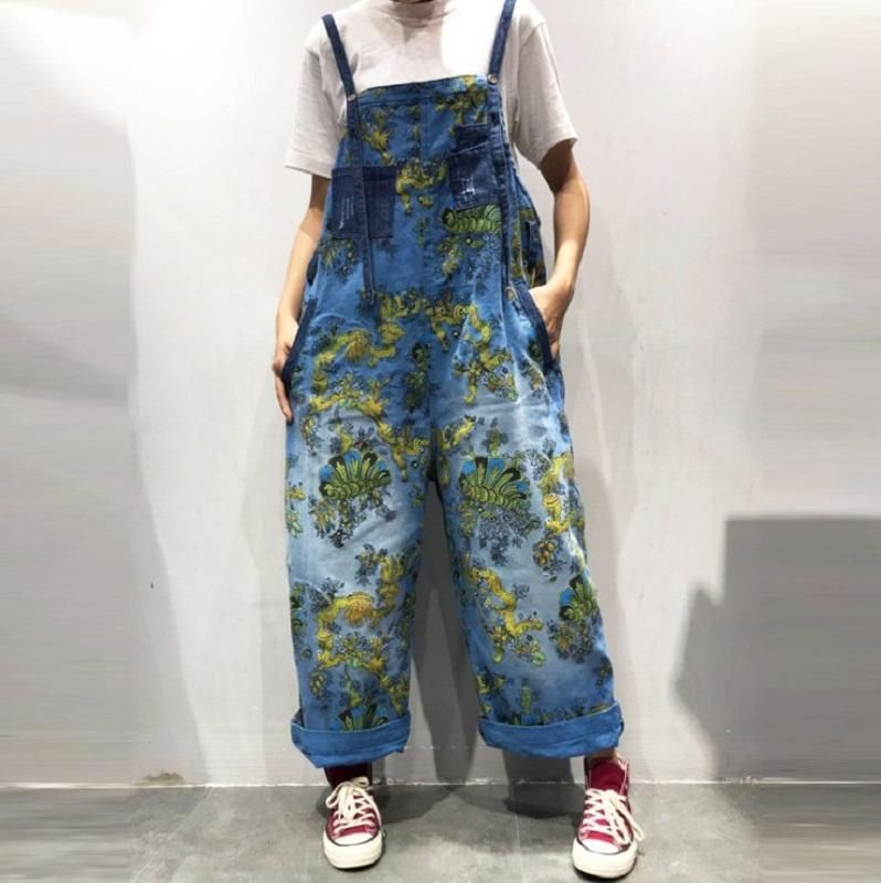 Forår Sommer Retro Loose Printed Floral Denim Jumpsuit