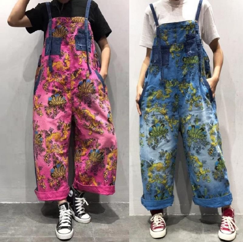 Forår Sommer Retro Loose Printed Floral Denim Jumpsuit