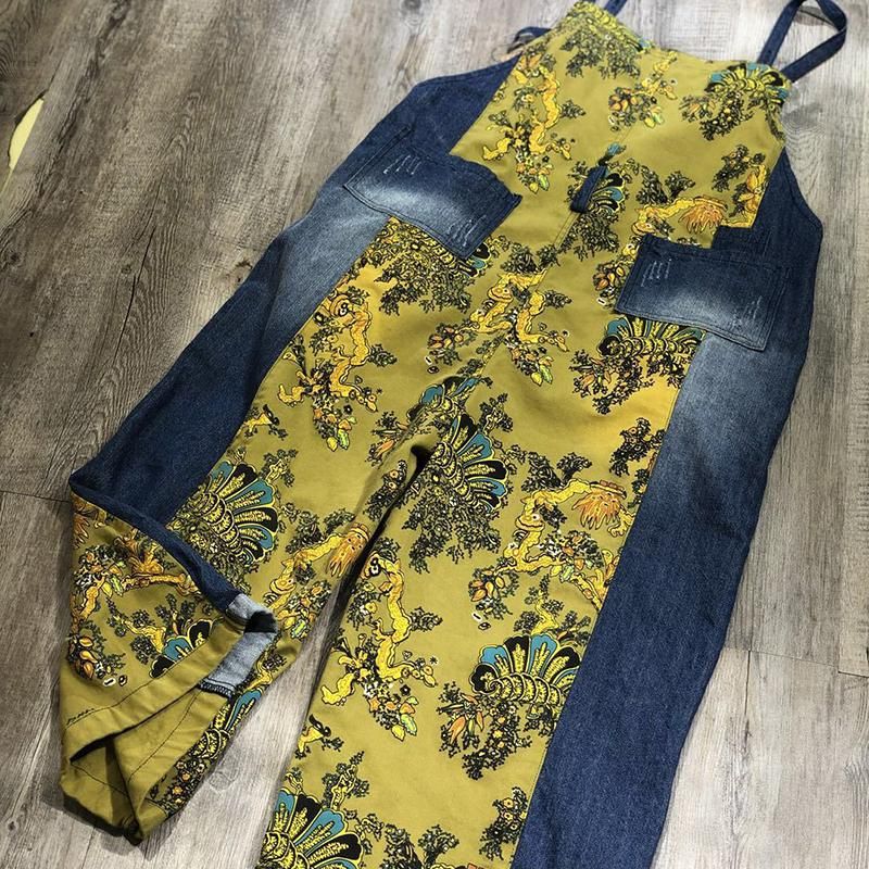 Forår Sommer Retro Loose Printed Floral Denim Jumpsuit