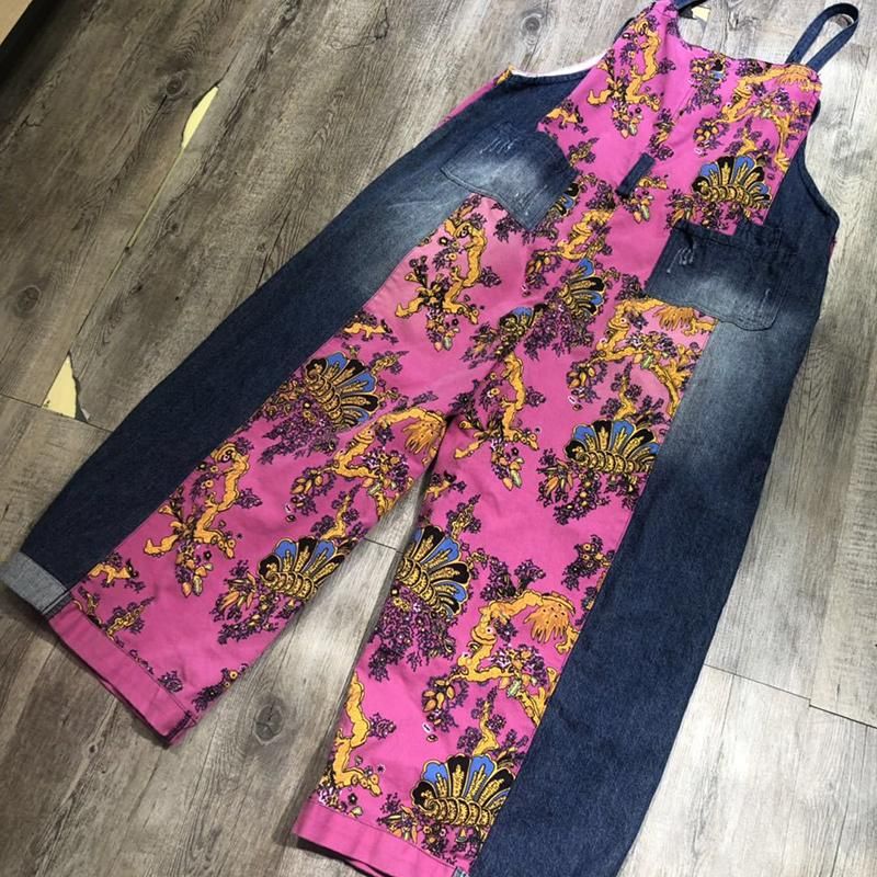 Forår Sommer Retro Loose Printed Floral Denim Jumpsuit