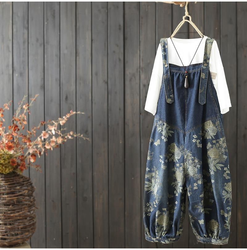 Kvinder Vintage Loose Print Ankel Denim Jumpsuit