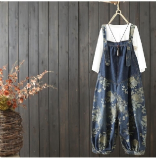 Kvinder Vintage Loose Print Ankel Denim Jumpsuit