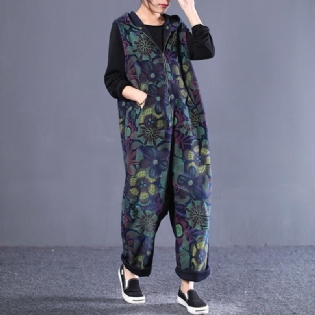 Løs Vintage Trykt Lynlås Jumpsuit