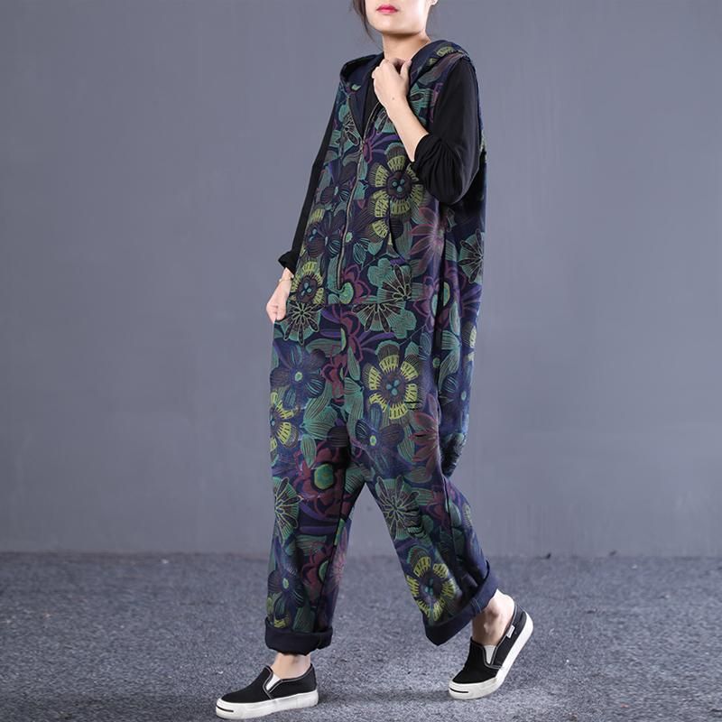 Løs Vintage Trykt Lynlås Jumpsuit