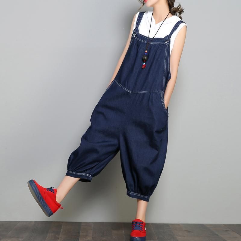 Ny Loose Denim Retro Ensfarvet Jumpsuit