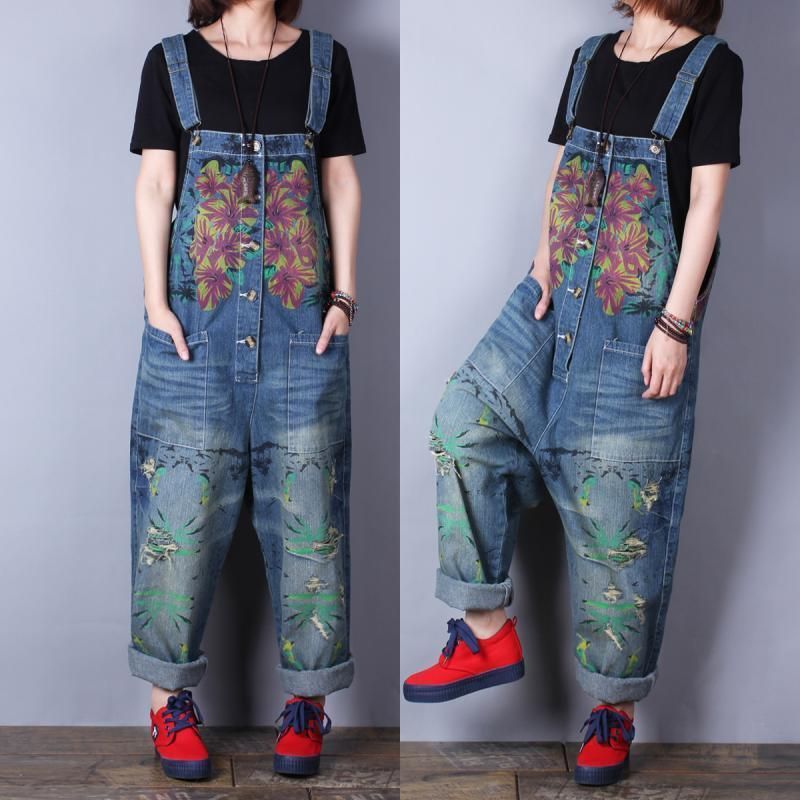 Retro Print Løs Denim Spring Summer Hole Jumpsuit