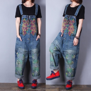 Retro Print Løs Denim Spring Summer Hole Jumpsuit