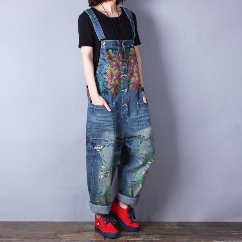 Retro Print Løs Denim Spring Summer Hole Jumpsuit