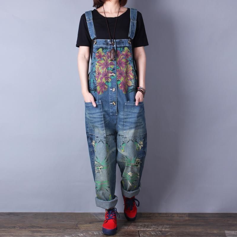 Retro Print Løs Denim Spring Summer Hole Jumpsuit