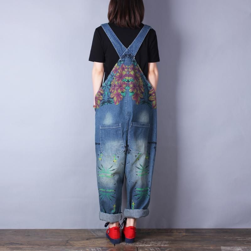 Retro Print Løs Denim Spring Summer Hole Jumpsuit