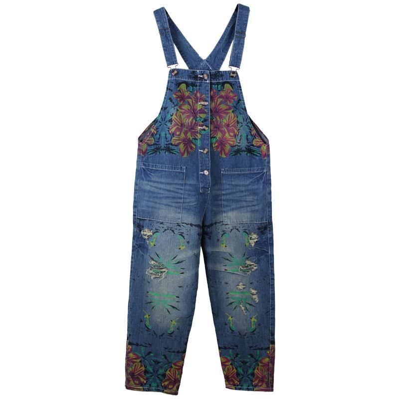 Retro Print Løs Denim Spring Summer Hole Jumpsuit