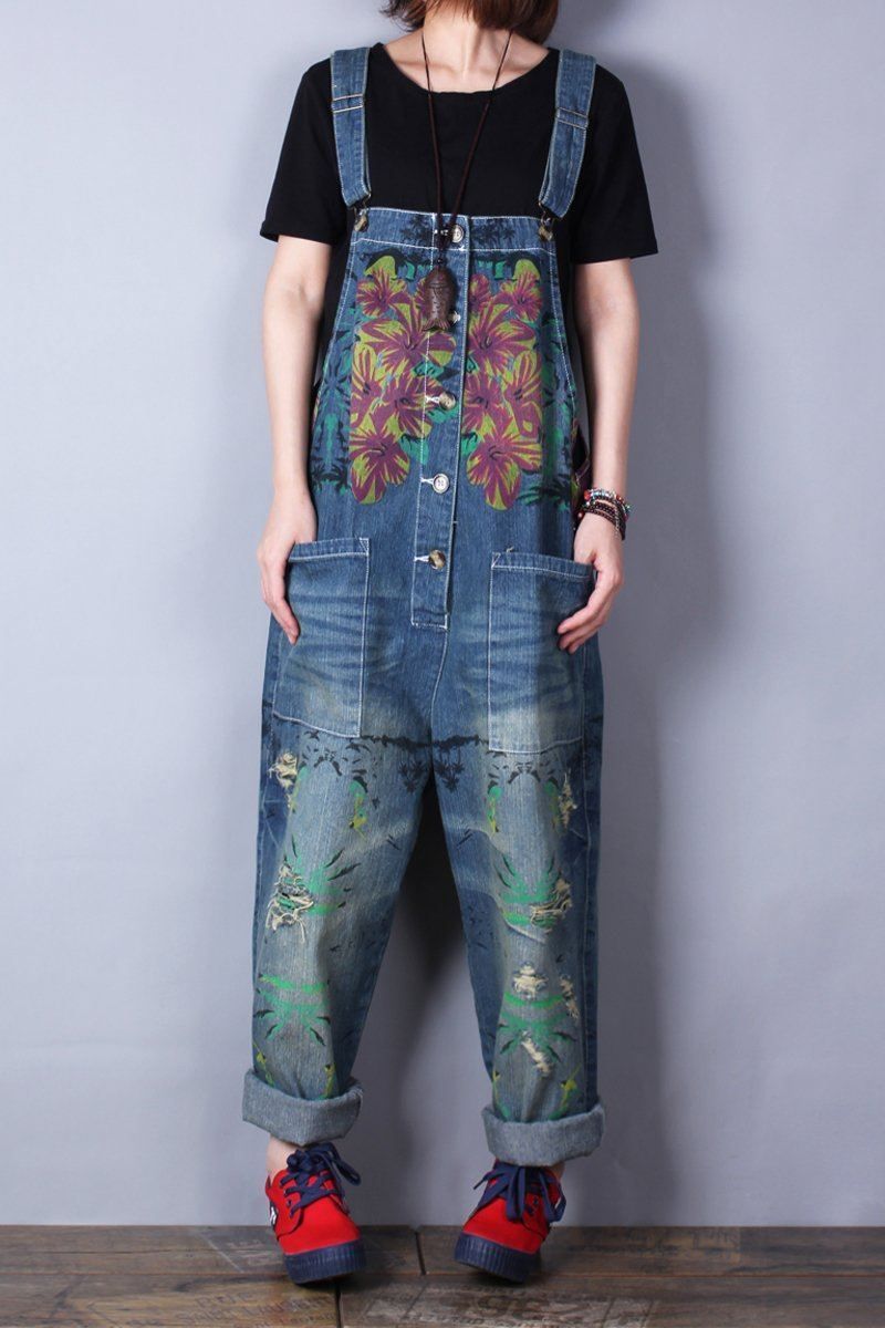 Retro Print Løs Denim Spring Summer Hole Jumpsuit