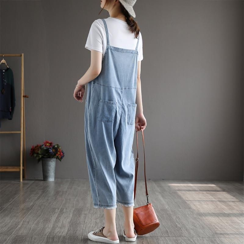 Sommer Kvinder Patchwork Tencel Denim Jumpsuit