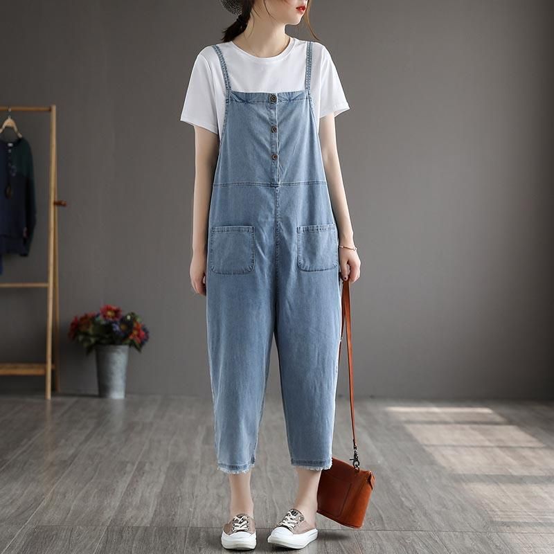 Sommer Kvinder Patchwork Tencel Denim Jumpsuit